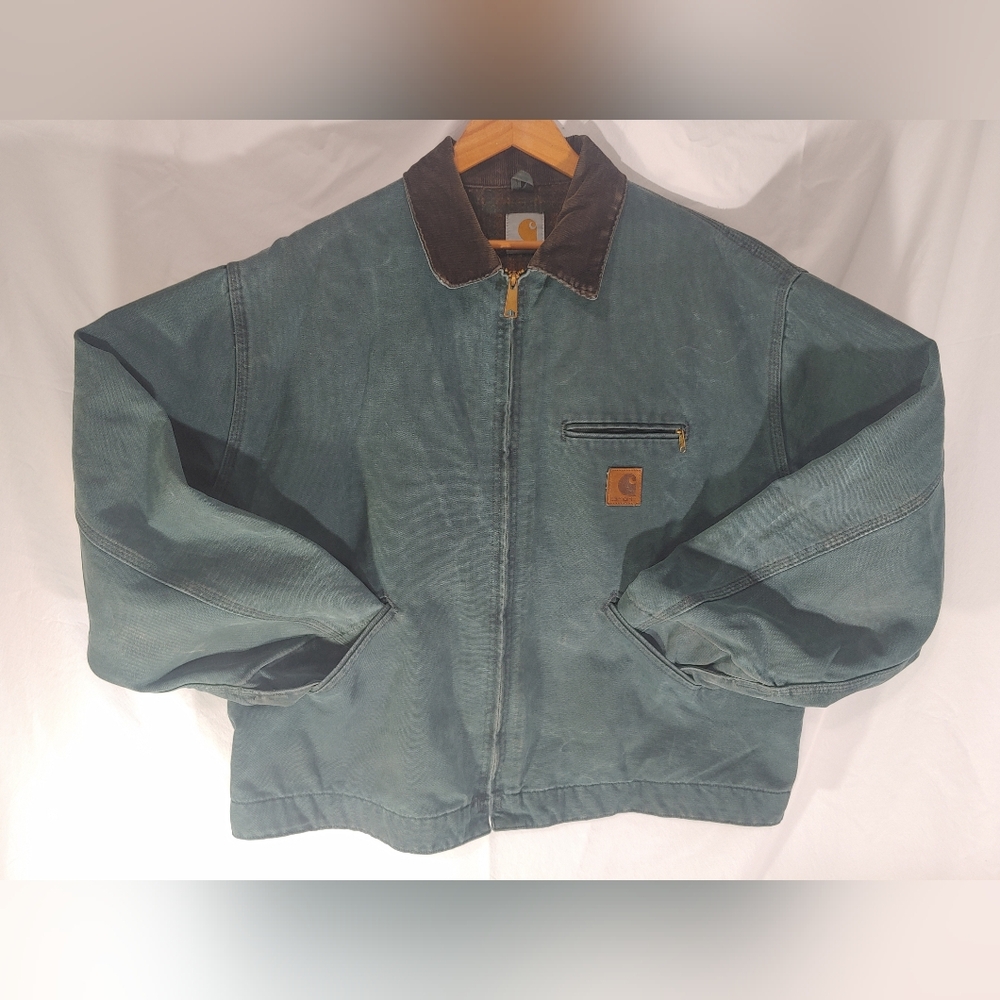 Vtg 90's J43 Carhartt Detroit Jacket Men's 4X Hunter Green Brown Corduroy Collar